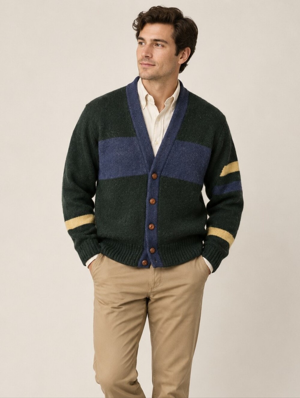 Vintage Chaps Ralph Lauren Shetland Wool Cardigan Sweater L 80s 90s Color Block